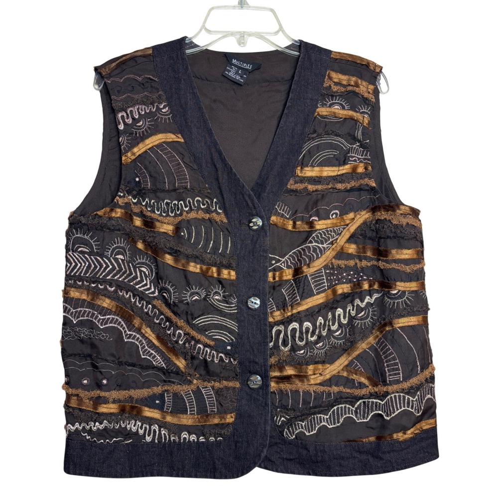 Multiples Womens Art to Wear Vest Brown Bronze Embroidered Mixed Media Boho L